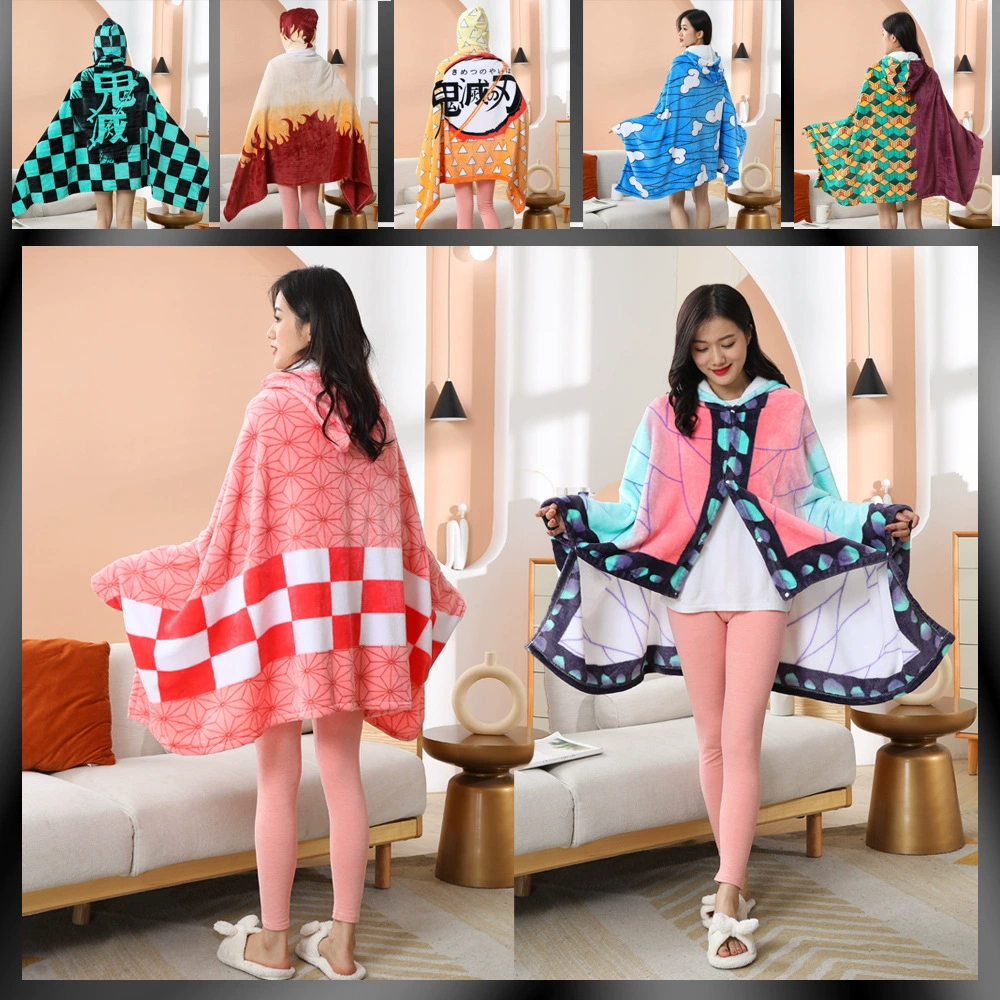 Одеяло-шаль Demon Slayer Kimetsu No Yaiba, многофункциональное фланелевое одеяло с застежкой на кнопке, домашнее зимнее одеяло