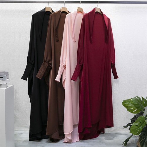 Cross-border foreign trade Amazon independent station casual loose robe with headscarf Muslim dress solid color robe