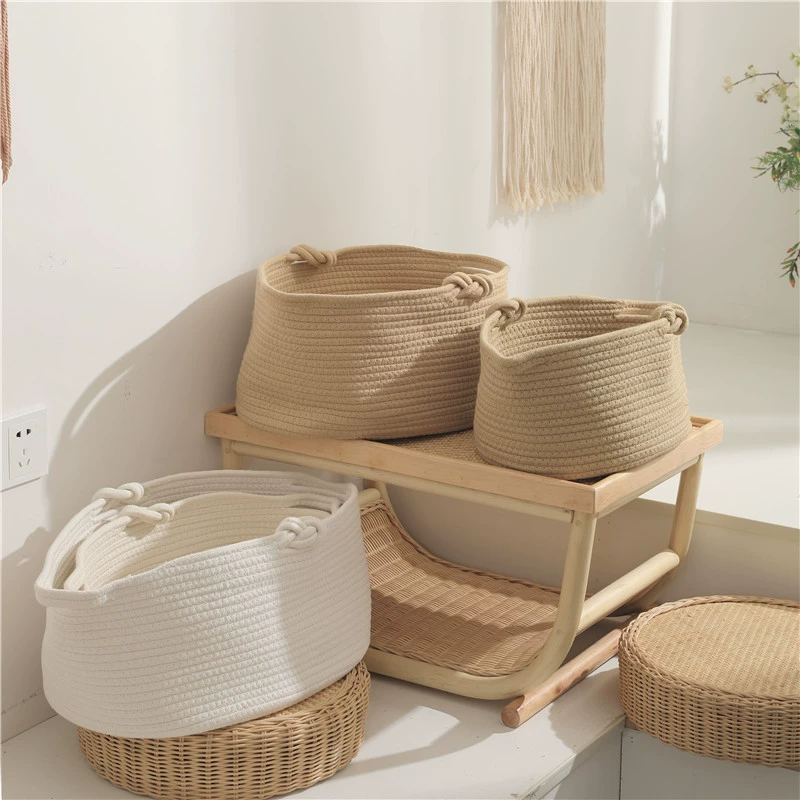 Плетёные хлопковые корзины Handwoven Cotton Rope Storage Baskets - белые/коричневые, наборы маленькие и большие для игрушек, одежды, закусок
