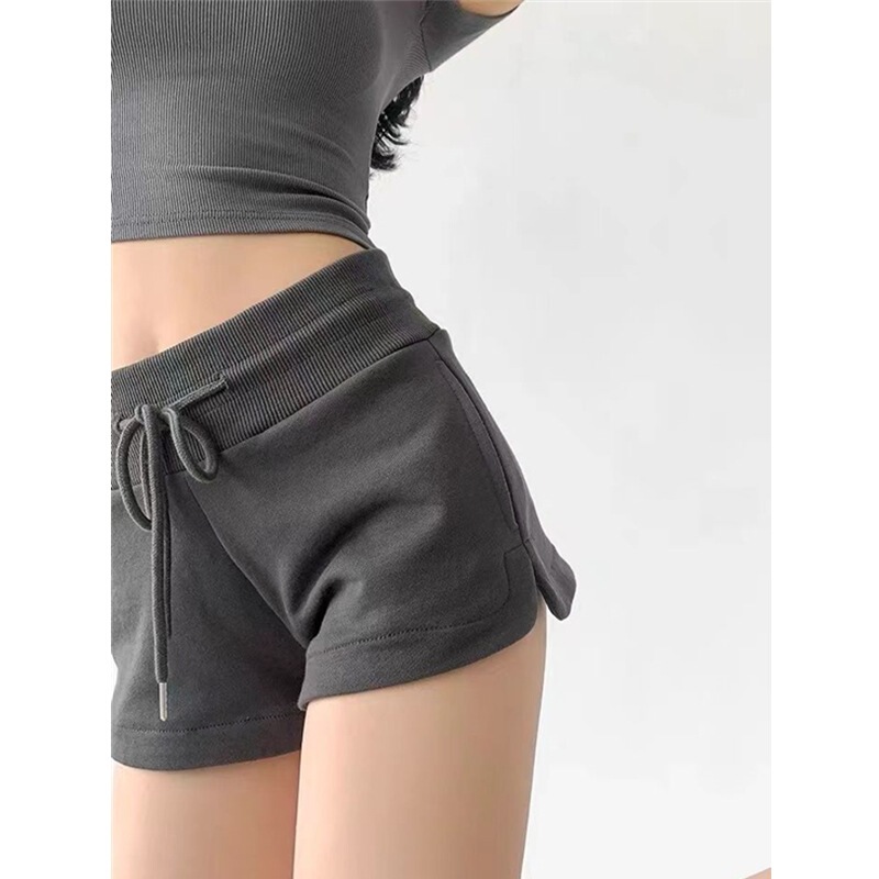 American-style high-street hot girl drawstring elastic waist low-rise side-slit athletic shorts for women, summer long-leg hot pants American-style high-street hot girl drawstring elastic waist low-rise side-slit athletic shorts for women, summer long-leg hot pants