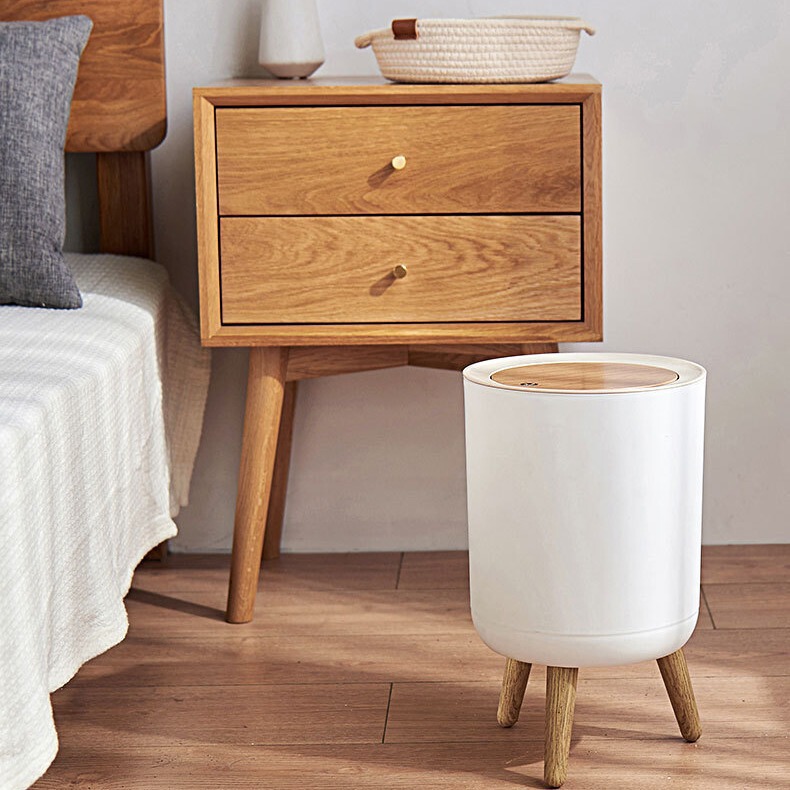 Japanese-Style Creative High-Legged Trash Can, Plastic with Wood Grain Imitation, Household Desktop Mini Simple Large-Capacity Wastebasket with Lid