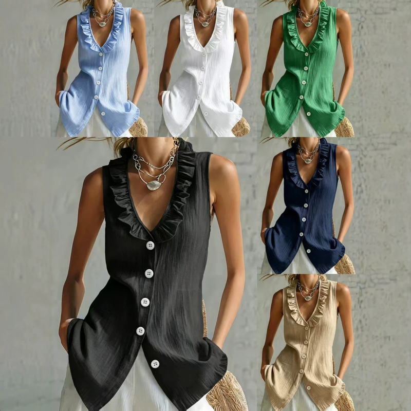 European and American Cross-Border Amazon Spring and Summer New Style Elegant and Fashionable Sleeveless Vest Cardigan Button Design Women's Shirt European and American Cross-Border Amazon Spring and Summer New Style Elegant and Fashionable Sleeveless Vest Cardigan Button Design Women's Shirt