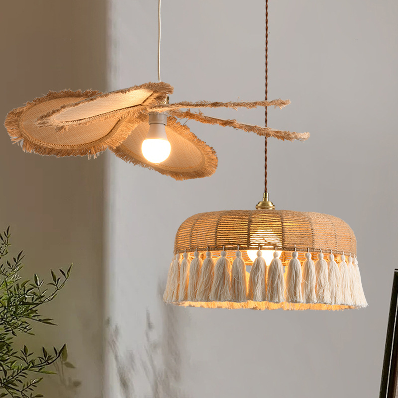 Viento tranquilo retro sala de estar candelabro tela bohemiana frisa creativa lámpara de dormitorio principal lámpara de comedor japonesa