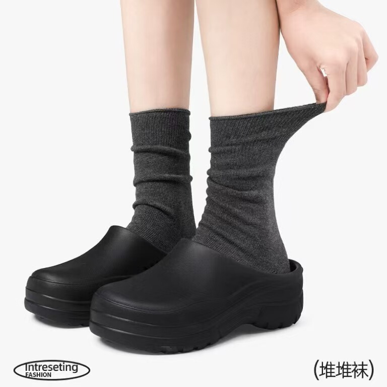 灰色卷边袜子女士春秋季中筒袜纯棉防臭月子袜配勃肯鞋无骨堆堆袜|undefined