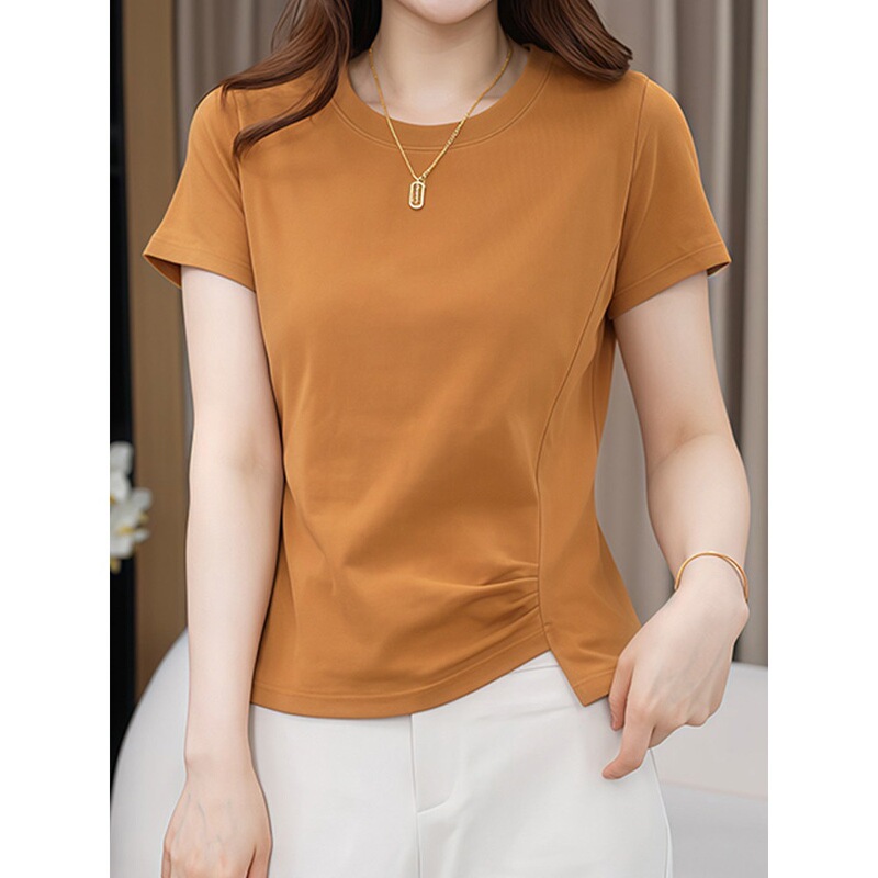 Pure Cotton Waist-Cinching Irregular Gray Short-Sleeve T-Shirt for Women, 2026 Summer New Style, Elegant Short Top to Pair with Skirts Pure Cotton Waist-Cinching Irregular Gray Short-Sleeve T-Shirt for Women, 2026 Summer New Style, Elegant Short Top to Pair with Skirts