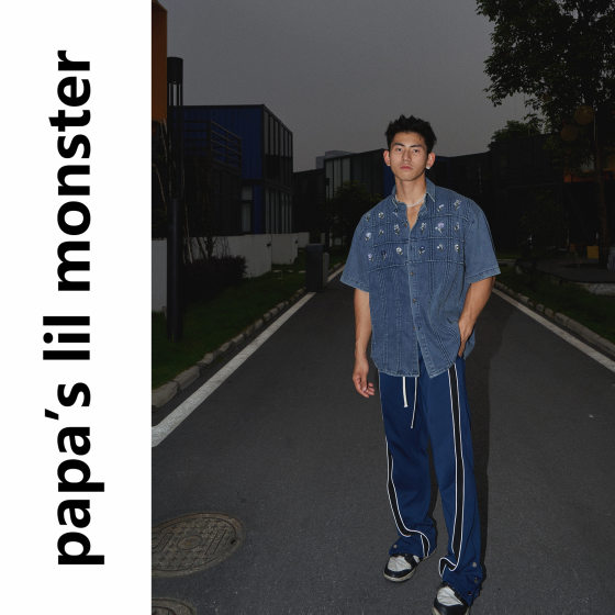 Lil monster Washed Denim Short Sleeve Shirt Old American Style Spring and Summer Trendy Brand Loose Tooling Cotton Jacket