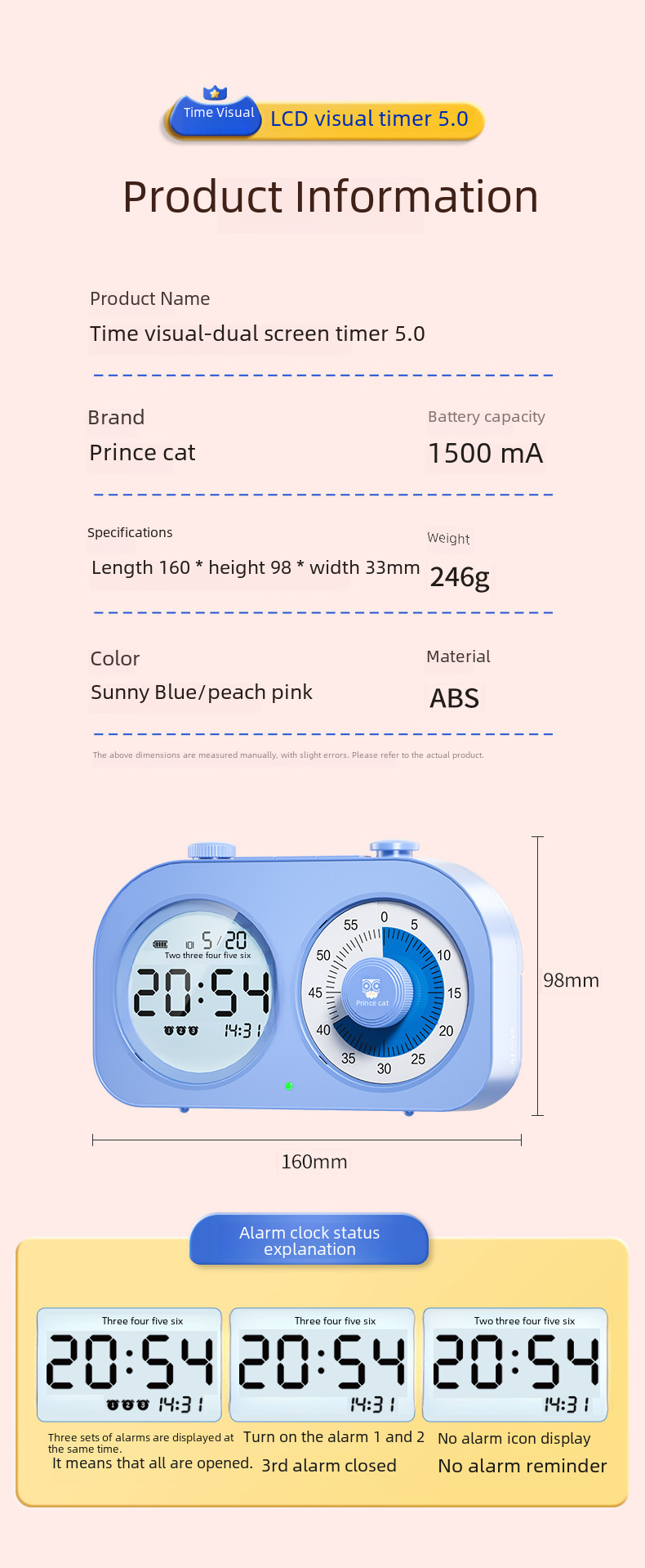 Cat Prince Visual Timer for Children Learning Special Self-discipline Timing Office Time Manager Alarm Clock