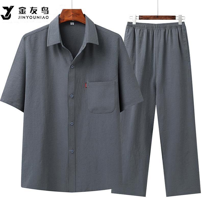Dad summer two-piece suit middle-aged and elderly men's short-sleeved shirt 60-year-old grandpa's shirt thin casual suit