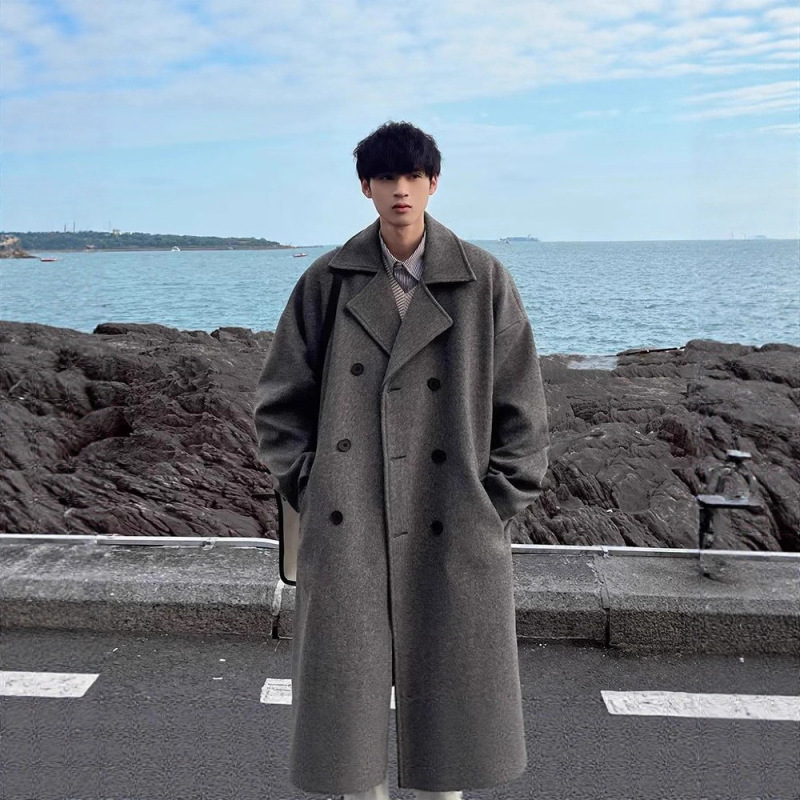 Mid-Length Double-Breasted Woolen Outwear Men's Winter Thickeneded Over-The-Knee Suit Collar High-End Woolen Windbreaker Jacket