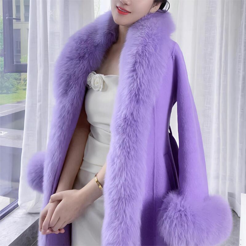 Oversized fox fur collar double-sided woolen coat autumn and winter long coat mid-length coat leather Oversized fox fur collar double-sided woolen coat autumn and winter long coat mid-length coat leather