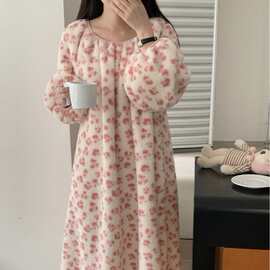 韩国ins女士秋冬新韩系豹纹简约舒适毛绒睡裙休闲宽松慵懒家居服