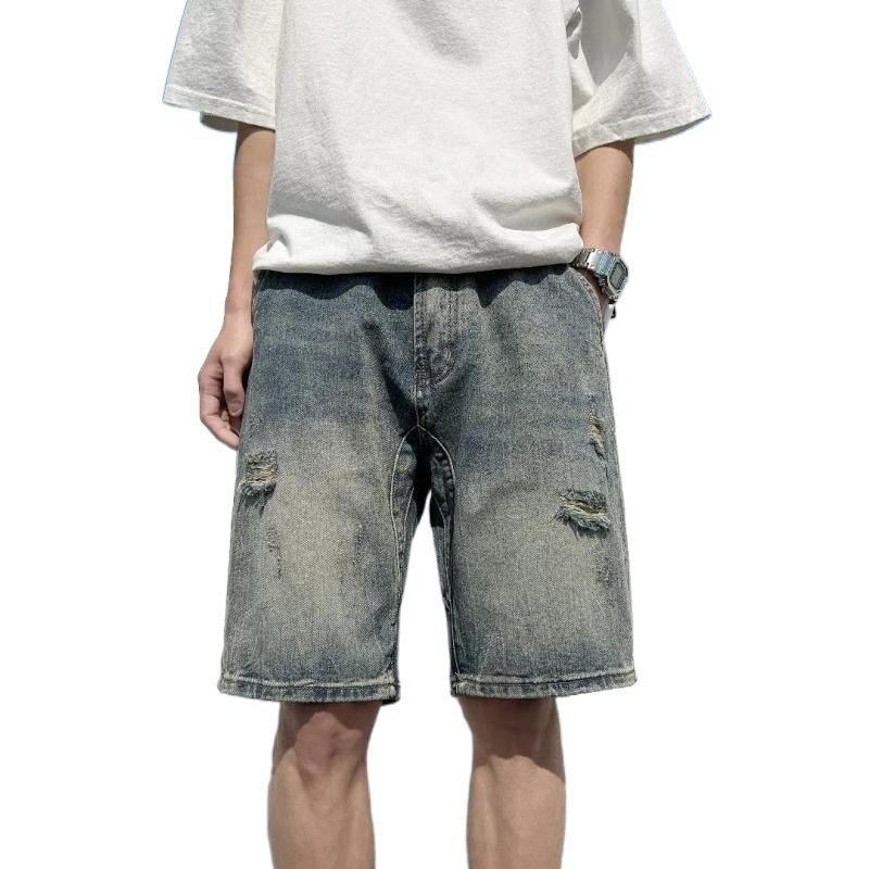 Pantalones cortos de jeans agujeros de verano delgados para hombres 2025 nuevos pantalones vintage estadounidenses sueltos marca de tendencia pantalones de tamaño grande