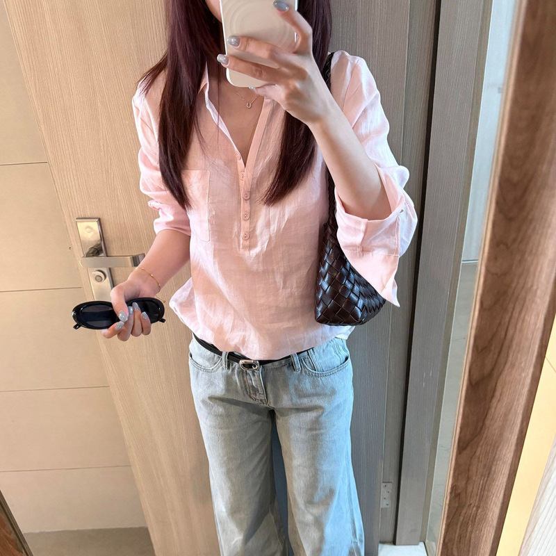 Korean Retro Pink Polo Half-Open Sun Protection Shirt for Women, Summer Design, Loose Casual Versatile Top for Commuting Korean Retro Pink Polo Half-Open Sun Protection Shirt for Women, Summer Design, Loose Casual Versatile Top for Commuting