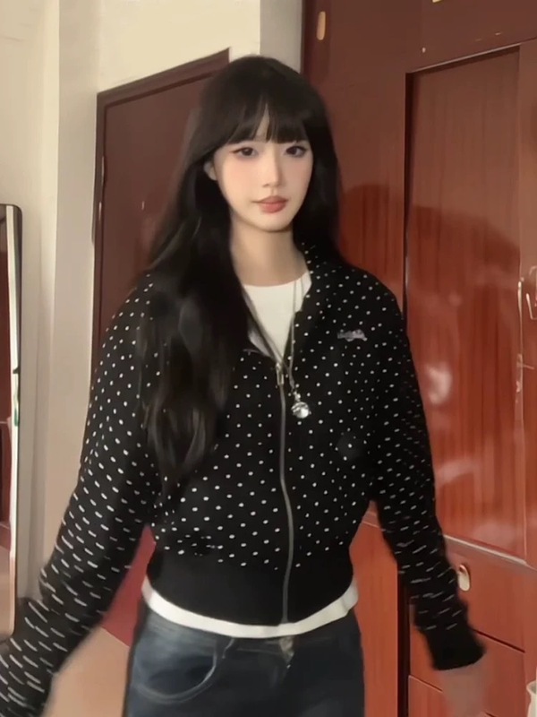 美式辣妹风波点满印连帽短款卫衣女秋季2025新款休闲百搭开衫外套|undefined