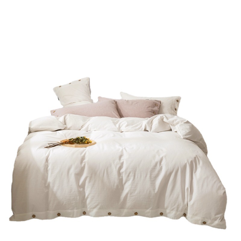 亚马逊夏季高端纯色亚麻四件套欧美床品棉麻混纺纽扣被套床单外贸