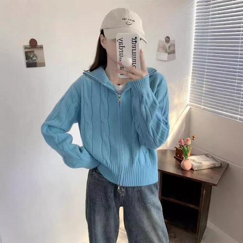 Double zipper twist versatile knitted cardigan sweater jacket for women new loose design chic lazy style top