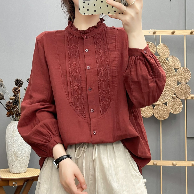 Autumn New Korean Style Artistic Embroidered Double-Layer Gauze Shirt with Ruffled Collar and Lace Long Sleeves Loose Cotton Gauze Shirt