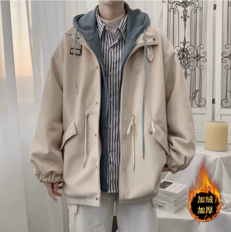 Новый поддельный двухслойный бархатный утолщение пальто для мужчин и женщин осенью и зимой Тенденции in Teen с капюшоном шерстяная ветровка для мужчин