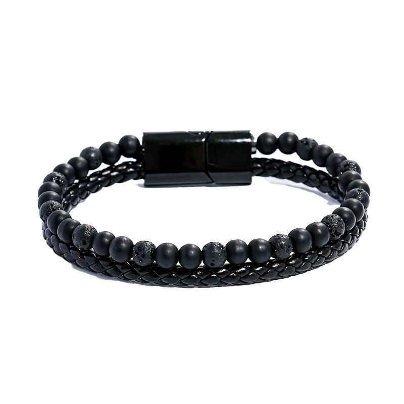 Longhe nuevos hombres europeos y americanos de aleación de cuero cuerda pulsera de piedra natural doble piedra de ojo de tigre piedra volcánica pulsera de cuentas