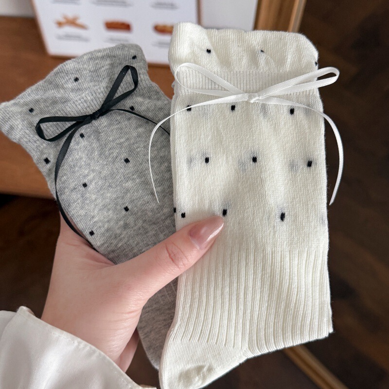 Women's Mid-Calf Socks with Bowknot Ribbons, Thin Spring/Summer Style, Trendy Socks from Dongdaemun Women's Mid-Calf Socks with Bowknot Ribbons, Thin Spring/Summer Style, Trendy Socks from Dongdaemun