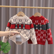 2023年新款儿童一体绒毛衣加绒加厚小熊套头保暖衣一件代发