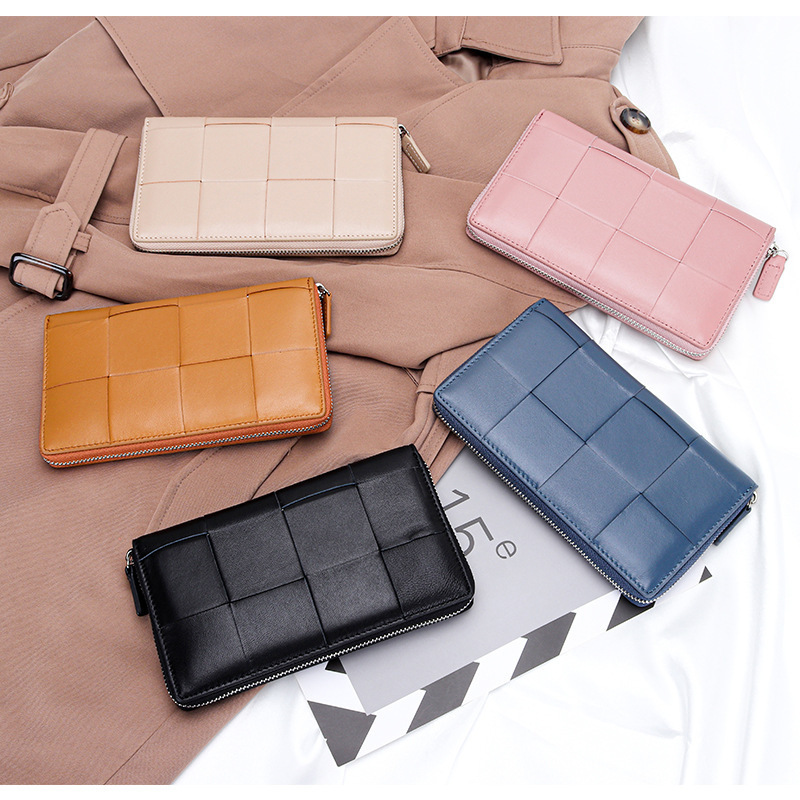 Sheepskin Large Woven Long Women's Wallet Autumn and Winter New Fashion Genuine Leather Zipper Clutch Bag Large Capacity Mobile Phone Bag