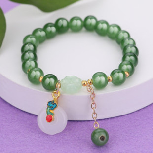 New Chinese Style Fresh Green Clover Bracelet Imitation Dongling Jade Girl Girlfriend Niche High-end Sense Bracelet Live Jewelry