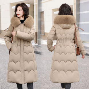 Large wool collar new cotton-padded jacket 2024 winter coat long hooded cotton-padded jacket waist rope slimming padded cotton-padded jacket women