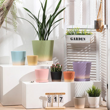 斜身渐变色花盆陶瓷素烧黄陶土吸水大号带托盘多肉蝴蝶兰绿植专用