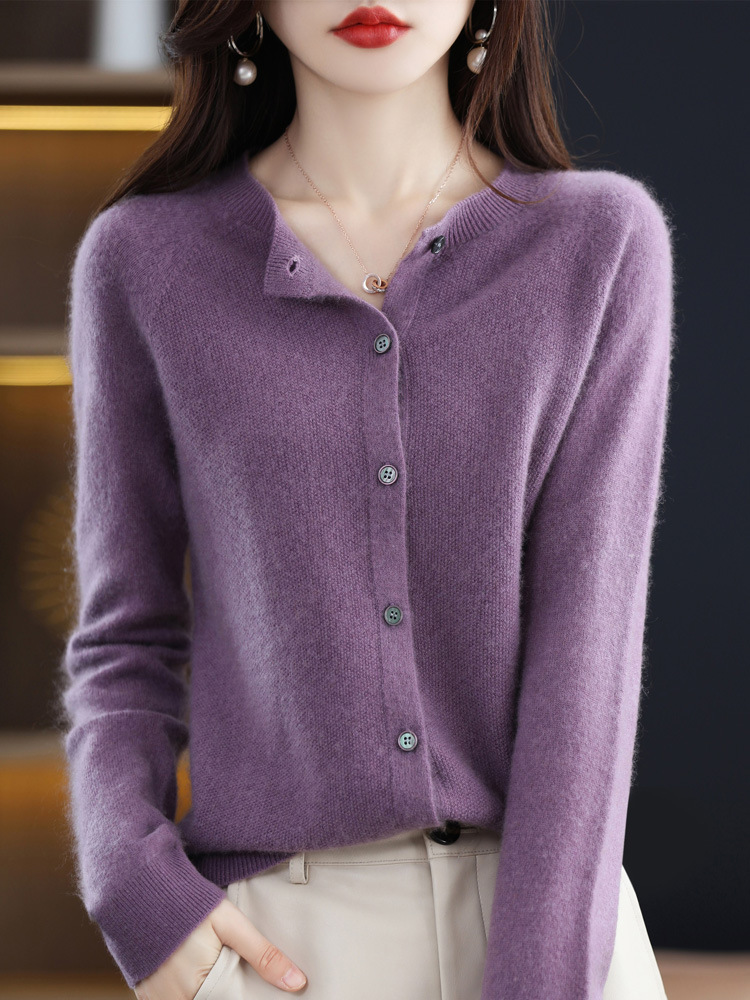 Cárdigan de Punto de Lana para Mujer Lana Cuello Redondo, Manga Larga para Otoño e Invierno