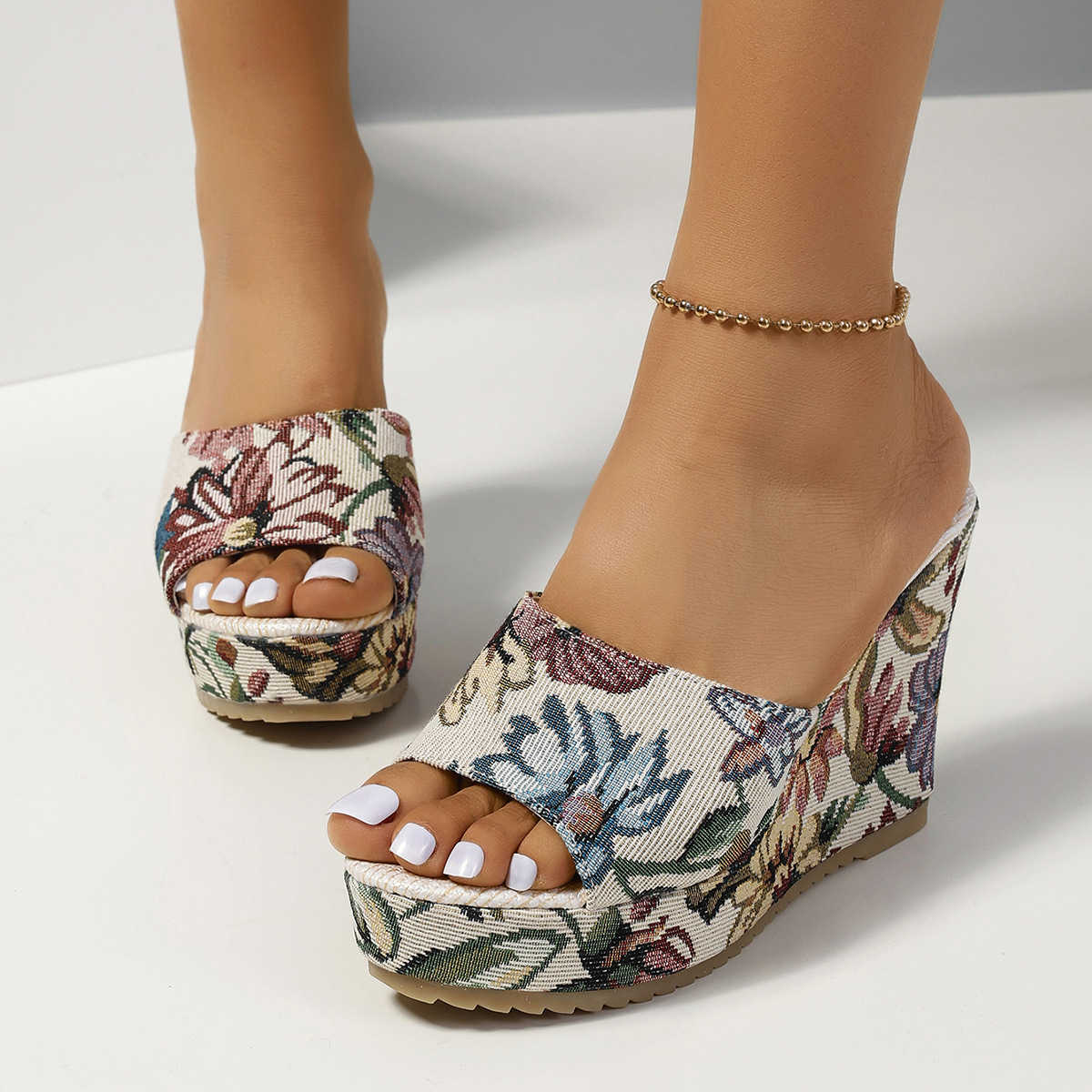 Sandali con zeppa da donna taglie forti, estivi, per attività all'aperto, in tessuto stampato con blocchi di colore e punta aperta, scarpe da spiaggia_voghion.com