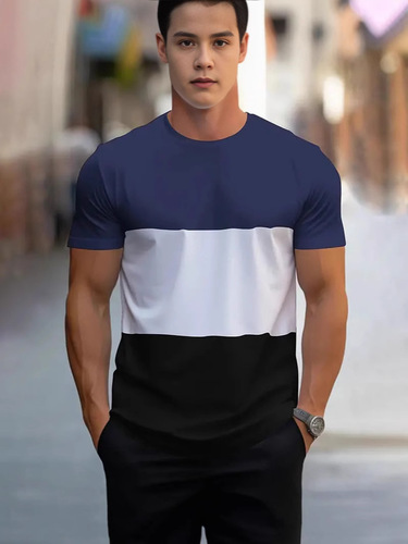 2025 Summer Fashion Patchwork Print Men's Crew Neck Loose Breathable T-Shirt Athletic Fitness Top