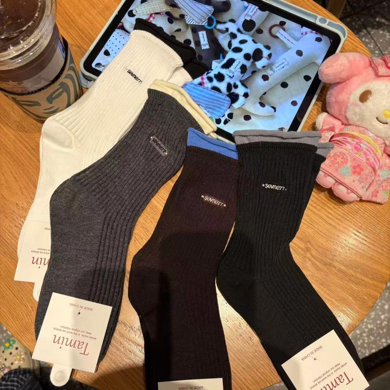 卷边袜子女秋冬女士中筒袜撞色字母刺绣袜子日系ins潮miu系堆堆袜|undefined
