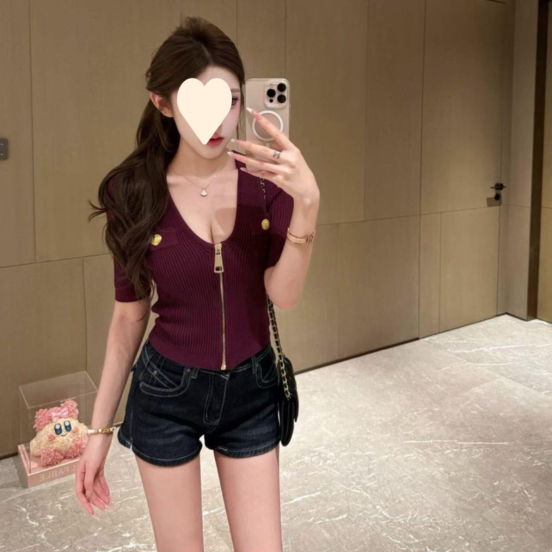 Pure Desire U-Neck Zipper Short-Sleeve Versatile Slim-Fit Short Knit Top for Women, Summer Mesh Breathable Fabric Pure Desire U-Neck Zipper Short-Sleeve Versatile Slim-Fit Short Knit Top for Women, Summer Mesh Breathable Fabric