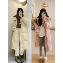 网图网红情侣男女同款方格糖果色奶呼呼纯色连帽长款棉服棉衣外套