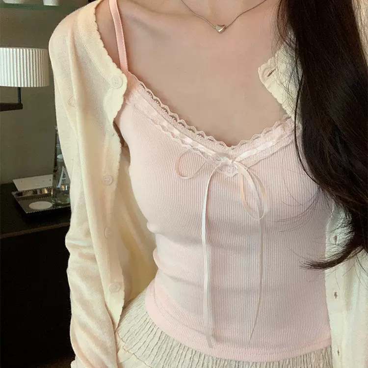 芭比粉色蕾丝v领吊带背心女夏季修身纯欲美背内搭短款无袖上衣潮
