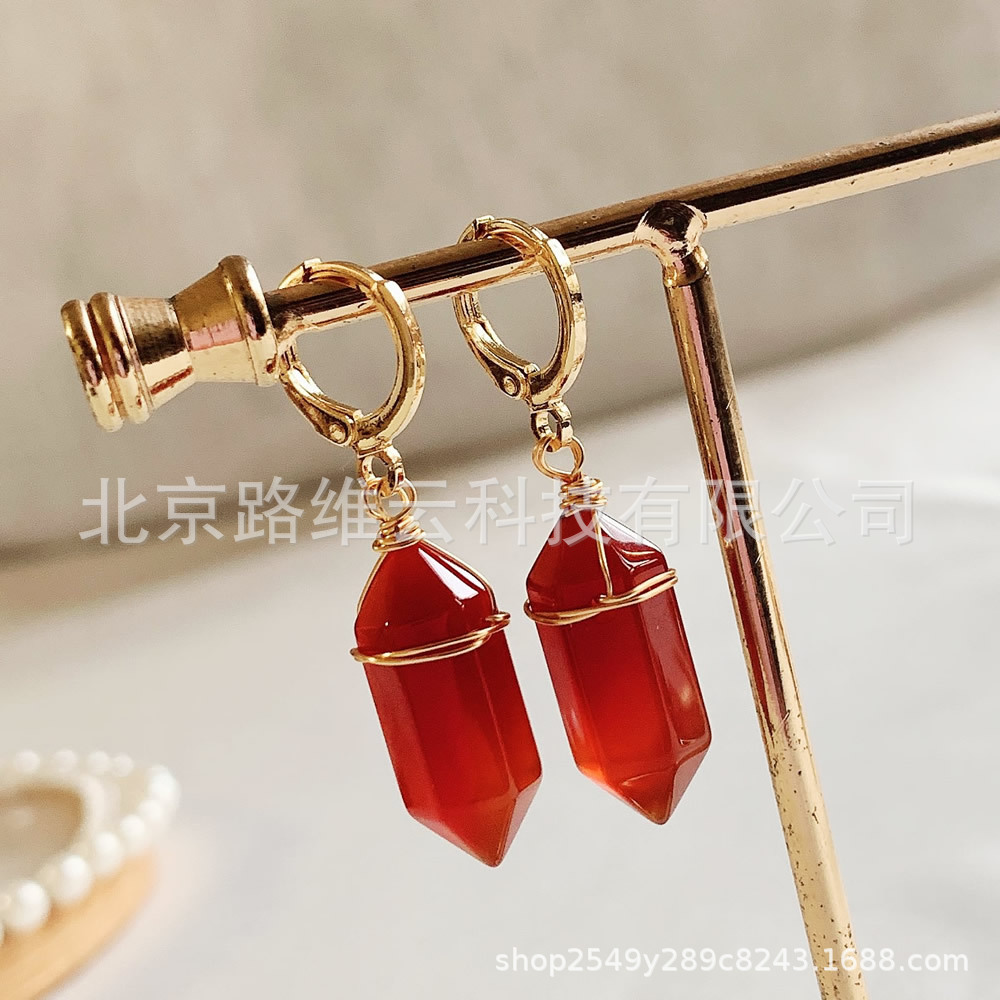 Pendientes de cristal natural de estilo explosivo transfronterizo, bala de doble punta, pequeña columna hexagonal, aretes de amatista de ágata roja, mujer