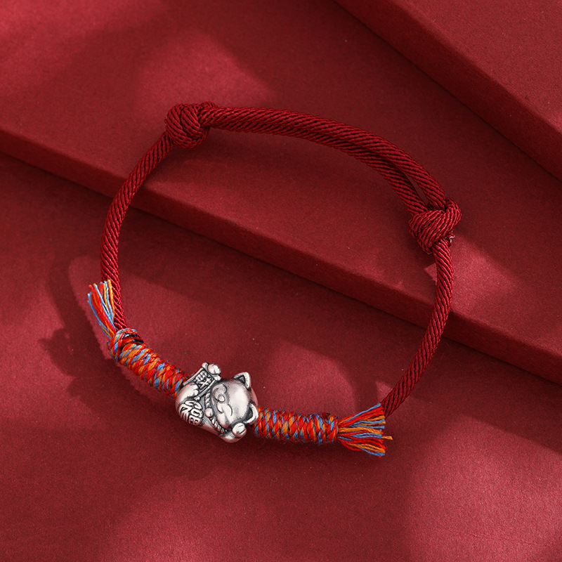 999 pie de plata adorable pulsera de gato de fortuna mujer tejida a mano cuerda roja ajustable este año de vida cuerda de mano regalo de Año Nuevo masculino