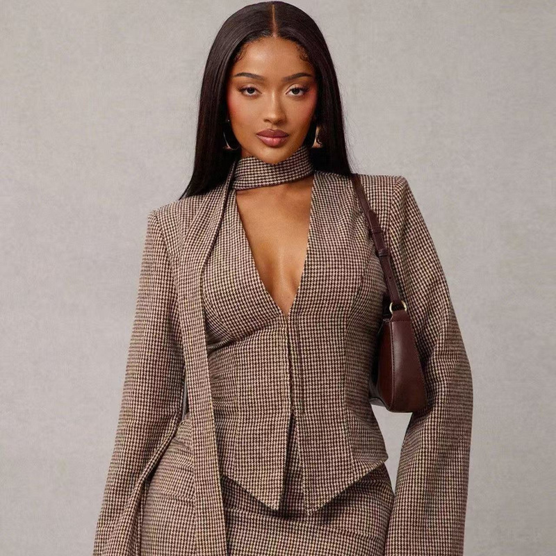 European and American Cross-Border Houndstooth V-Neck Waist-Cinching Slim-Fit Long-Sleeve Suit Set