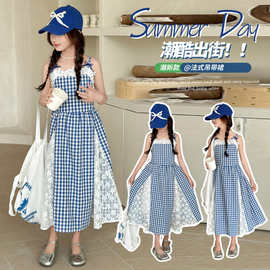 跨境批发2026夏季新款女童中大童格子吊带连衣裙夏季绝美穿搭蓝色