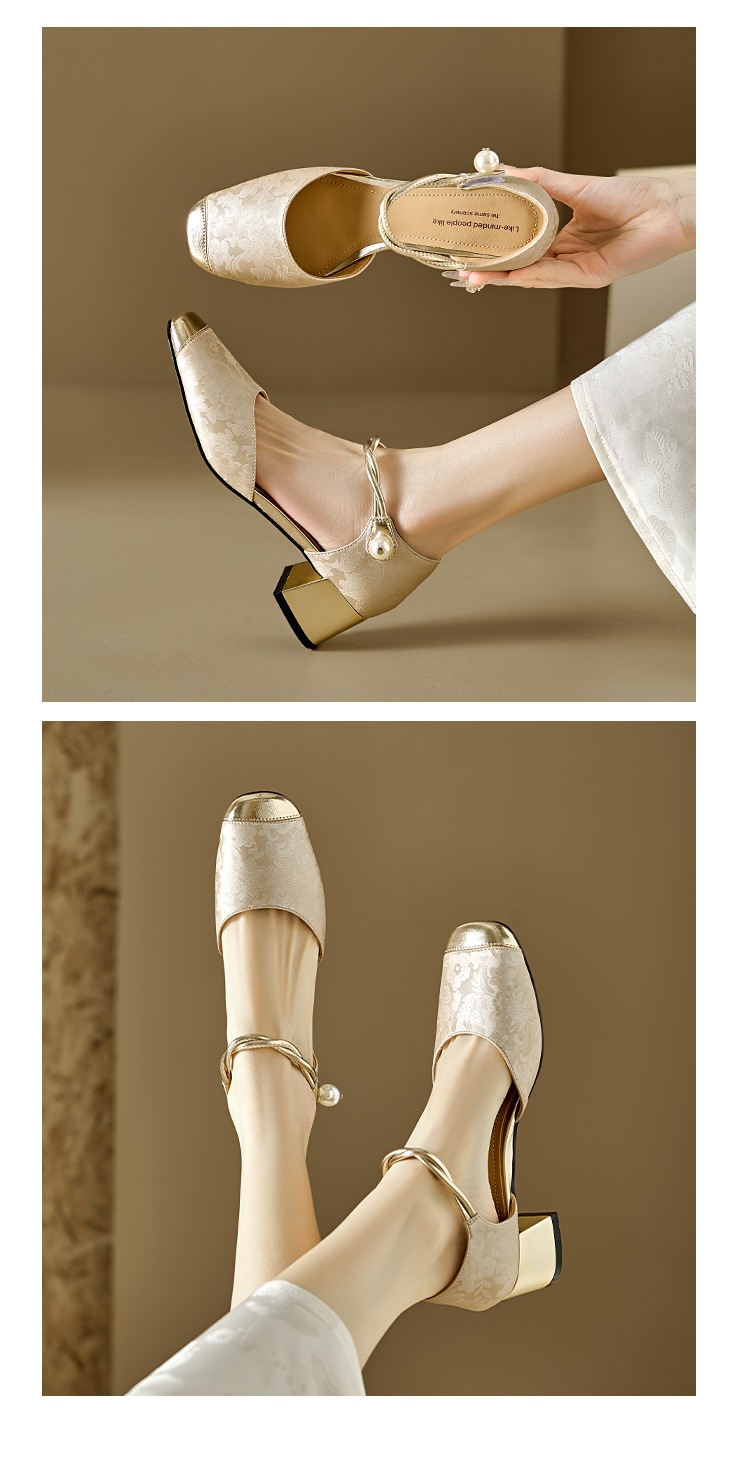 Sandal cao gót nữ bít mũi da bò phong cách Trung Hoa mới, quai ngang một dây, gót vuông ổn định — Màu xanh lá chi tiết 13
