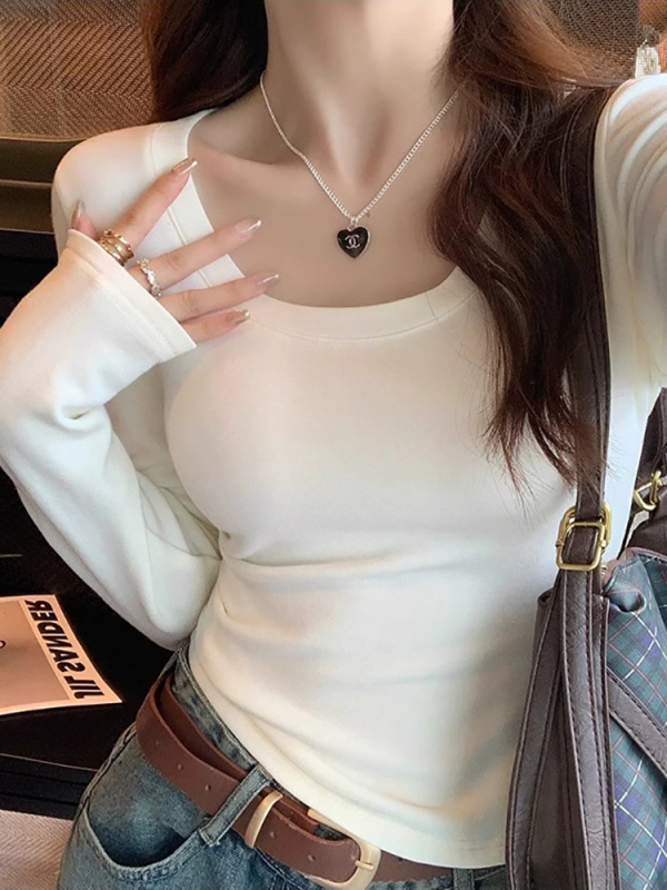 蓝色T恤女棉打底衫2025春秋季漏锁骨U领韩系内搭短上衣正肩长袖|undefined