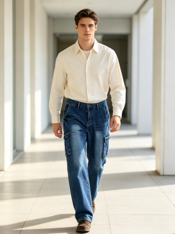 Jeans Rectos de Trabajo para Hombre en Mezclilla de Algodón Elásticos con Varios Bolsillos para Uso Casual image 5