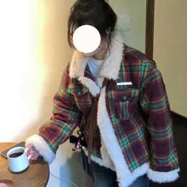 网红美式复古vintage格子拼接羊羔毛棉服冬季甜酷棉袄外套潮代发