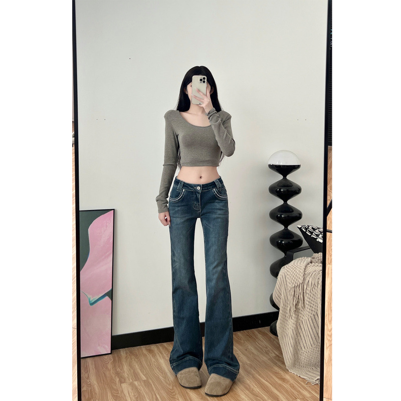 Yi Mengling's Same Style Low-Waist Jeans for Women, American Dark Blue Sexy Slimming Look Design Floor-Length Micro-Flared Pants