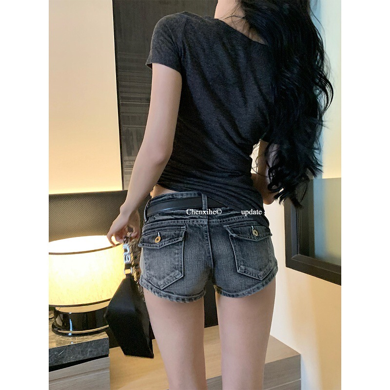 Black and Gray Mid-Waist Retro Washed Denim Shorts for Women, Short in Front and Long in Back, Versatile Hip-Hugging Slimming Hot Pants