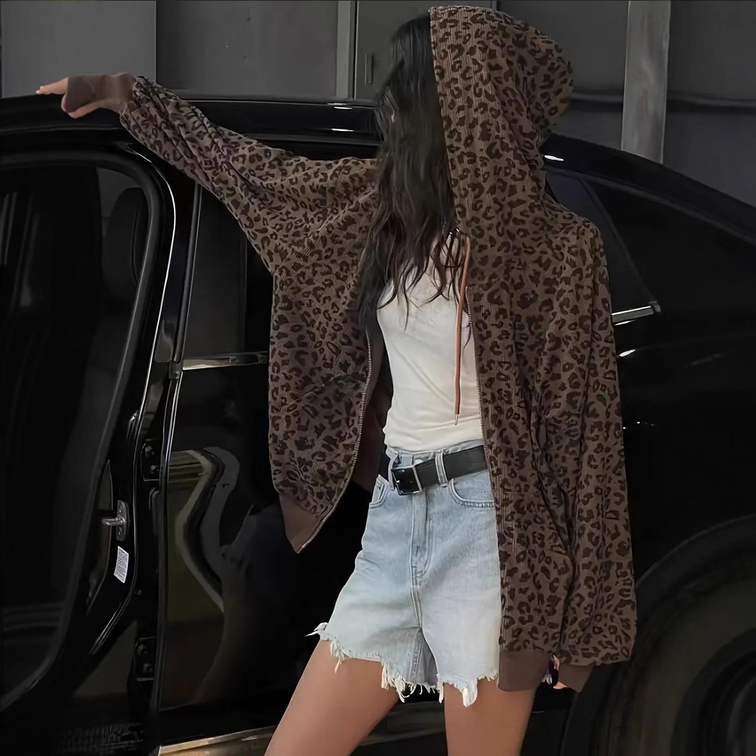 Women's Retro Leopard Print Hooded Cardigan - Oversized Streetwear Zip-Up Jacket With Long Sleeves, Casual Loose Fit, Polyester-Spandex Blend_voghion.com