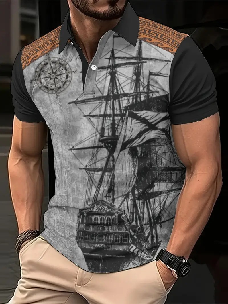 Polo de hombre con estampado 3D para comercio transfronterizo 2025, camiseta polo sin mangas informal con patrón para hombre, estilo D de seda helada.