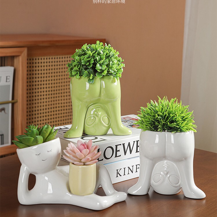 Alien Lying down with Ears, Fun and Creative Desktop Flower Pot, Ceramic Cross-Border Decorative Small Ornaments, Handmade