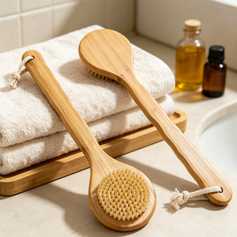 Cepillo de baño de mango largo para espalda, cepillo de masaje ultrasuave de cerdas suaves, cepillo de baño con cerdas de cerdo, herramienta de limpieza.